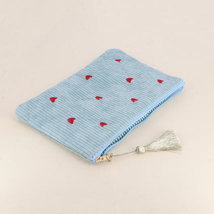 Pencil case - small hearts - corduroy - 20 x 14 cm