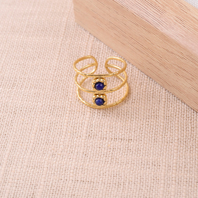 Cléome Ring - 3 hammered bands, 2 round natural stones