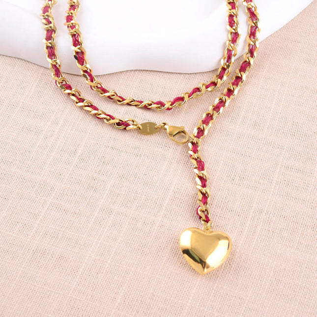Chaîne de ventre Solor - maille et tissu tressé, pendentif coeur