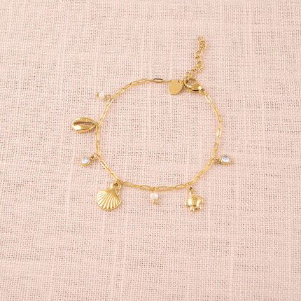 Bracelet - shell, cowrie, turtle, freshwater pearls and crystal