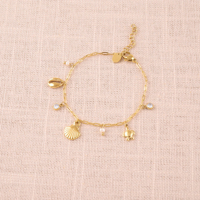 Bracelet - coquillage, cauri, tortue, perles d'eau douce et cristal