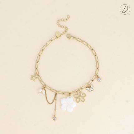 Chevillère - fleur nacrée, fleurs, papillon, cristal et perles d'eau douce
