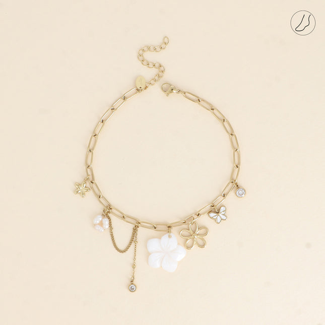 Chevillère - fleur nacrée, fleurs, papillon, cristal et perles d'eau douce