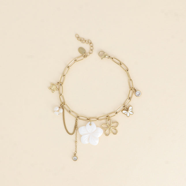 Bracelet - mother-of-pearl flower, flowers, butterfly, crystal and freshwater pearls