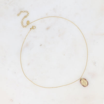Collier - médaillon ovale croix religieuse et pierres naturelles