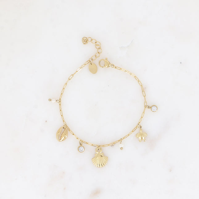 Bracelet - coquillage, cauri, tortue, perles d'eau douce et cristal
