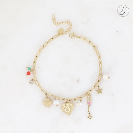 Chevillère - coeur, fleur, étoiles, perles d'eau douce, pâtes de verre et cristaux