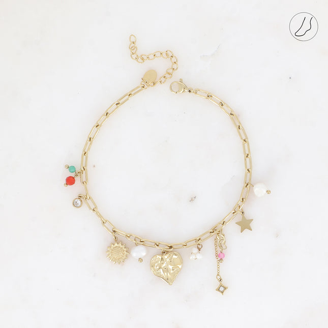 Chevillère - coeur, fleur, étoiles, perles d'eau douce, pâtes de verre et cristaux