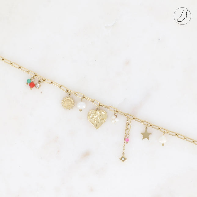 Chevillère - coeur, fleur, étoiles, perles d'eau douce, pâtes de verre et cristaux