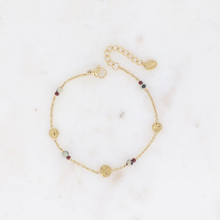 Bracelet - pampilles rondes texturées, perles rocailles, petites pierres naturelles