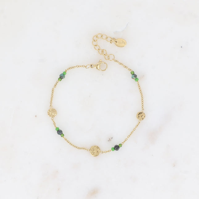 Bracelet - textured round tassels, seed beads, small natural stones