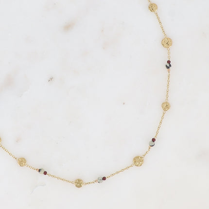 Collier - pampilles rondes texturées, perles rocailles, petites pierres naturelles