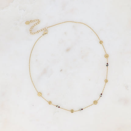 Collier - pampilles rondes texturées, perles rocailles, petites pierres naturelles