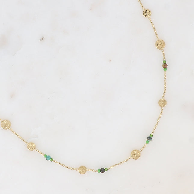 Collier - pampilles rondes texturées, perles rocailles, petites pierres naturelles