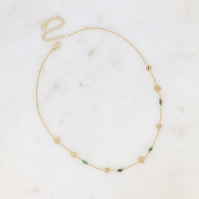 Collier - pampilles rondes texturées, perles rocailles, petites pierres naturelles