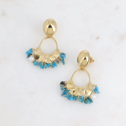 Boucles pendantes Eulalia - boule ovale et pièce ajourée avec pierres naturelles, résine blanche
