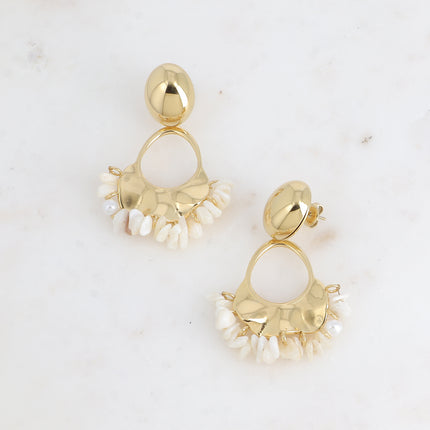 Boucles pendantes Eulalia - boule ovale et pièce ajourée avec pierres naturelles, résine blanche