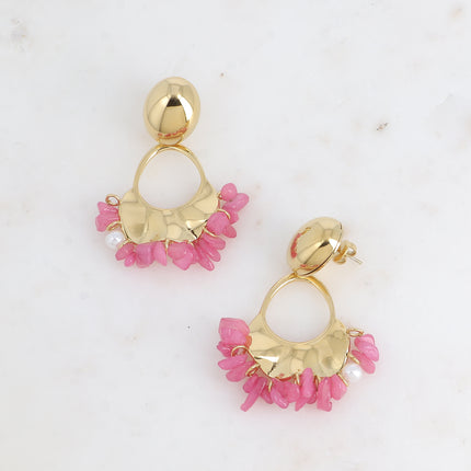 Boucles pendantes Eulalia - boule ovale et pièce ajourée avec pierres naturelles, résine blanche