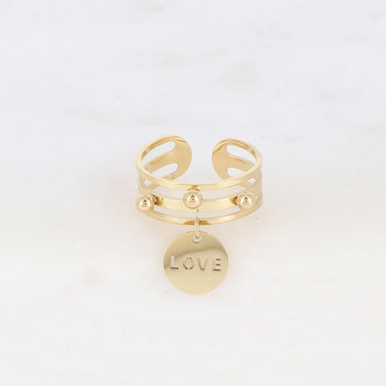 Bague - 3 anneaux, boules et pampille ronde avec LOVE ajouré
