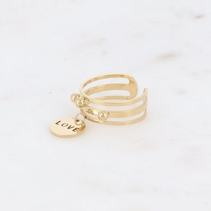 Bague - 3 anneaux, boules et pampille ronde avec LOVE ajouré