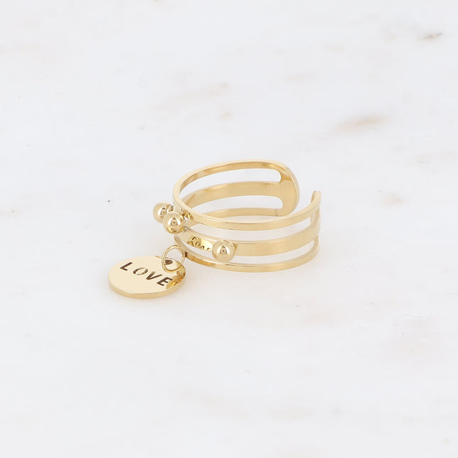 Bague - 3 anneaux, boules et pampille ronde avec LOVE ajouré