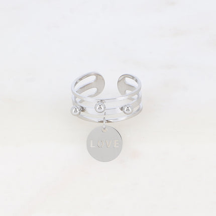 Bague - 3 anneaux, boules et pampille ronde avec LOVE ajouré