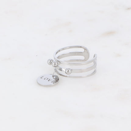 Bague - 3 anneaux, boules et pampille ronde avec LOVE ajouré