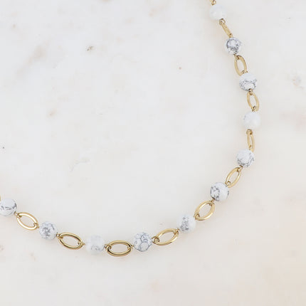 Unisex necklace - alternating oval links and round natural stones
