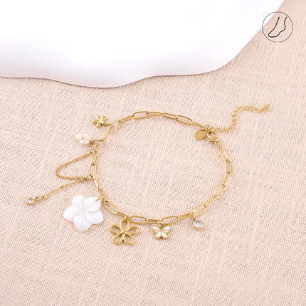 Chevillère - fleur nacrée, fleurs, papillon, cristal et perles d'eau douce