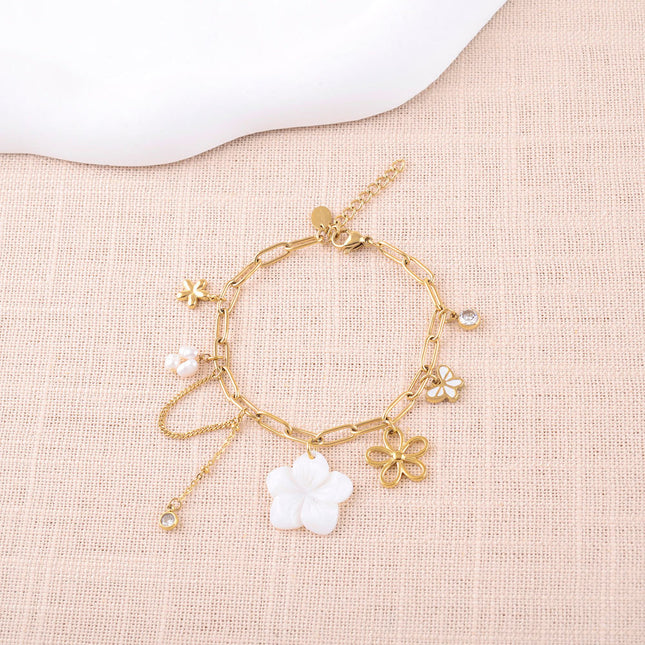 Bracelet - mother-of-pearl flower, flowers, butterfly, crystal and freshwater pearls