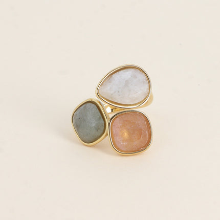 Bague ouverte Idrissa - 3 pierres naturelles, goutte et carrées 10mm