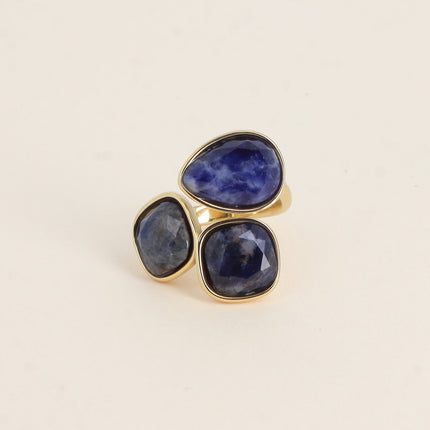 Bague ouverte Idrissa - 3 pierres naturelles, goutte et carrées 10mm