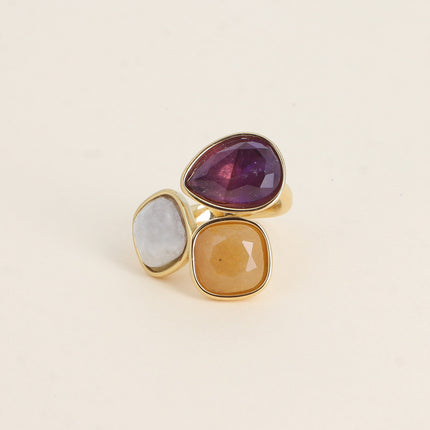 Bague ouverte Idrissa - 3 pierres naturelles, goutte et carrées 10mm