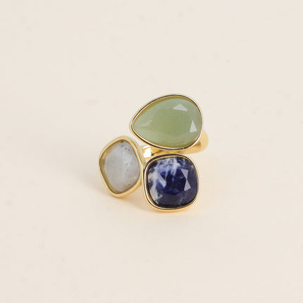 Bague ouverte Idrissa - 3 pierres naturelles, goutte et carrées 10mm