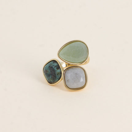 Bague ouverte Idrissa - 3 pierres naturelles, goutte et carrées 10mm