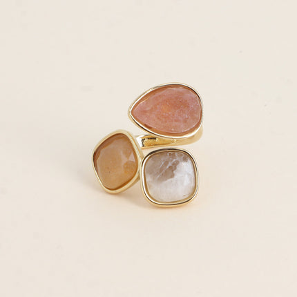 Bague ouverte Idrissa - 3 pierres naturelles, goutte et carrées 10mm