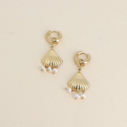 Creole earrings - shell and 3 dangling freshwater pearls