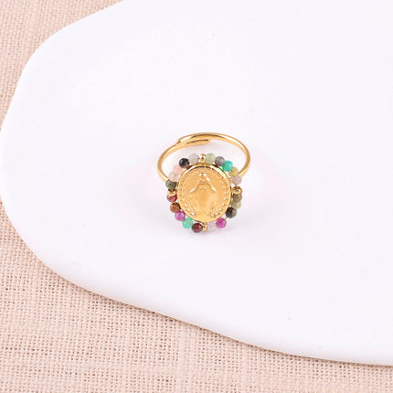 Bague fine - pièce ovale la Madone et pierres naturelles