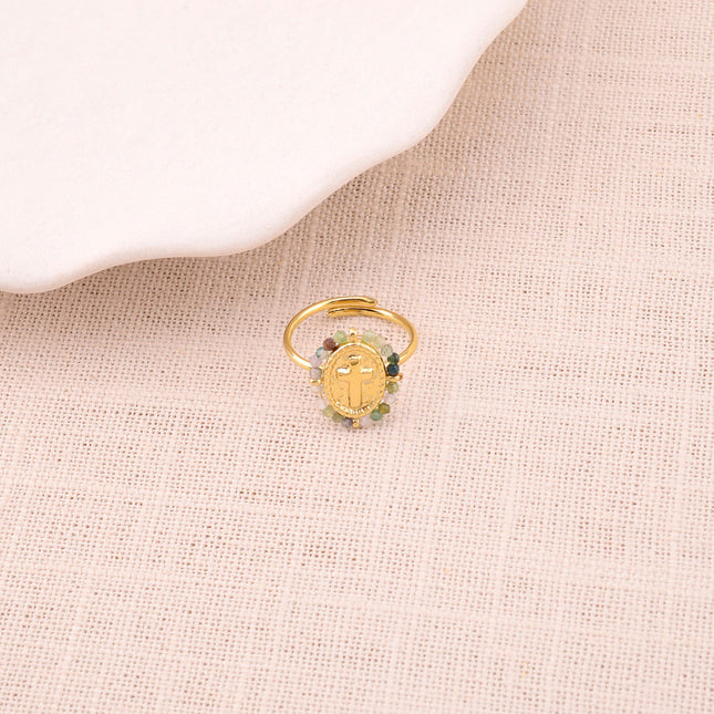Bague fine - croix latine et pierres naturelles