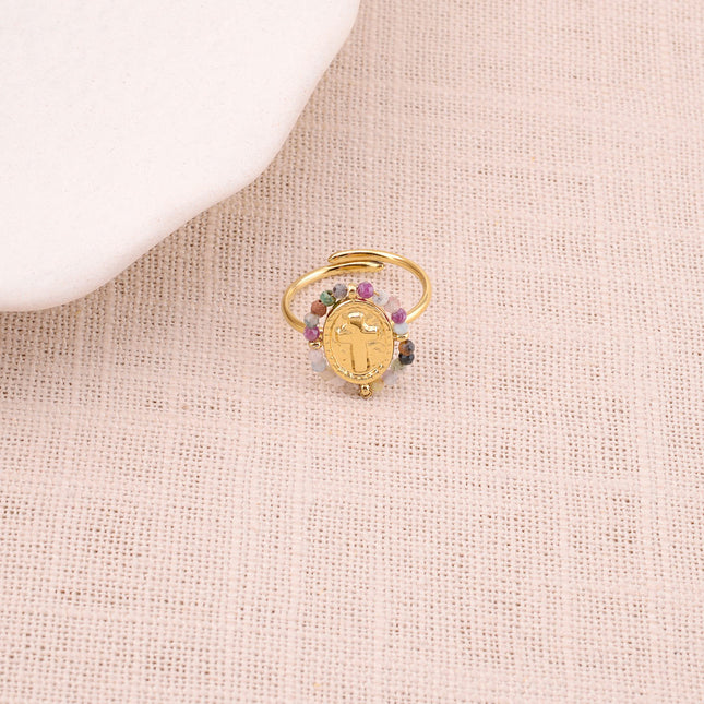 Bague fine - croix latine et pierres naturelles