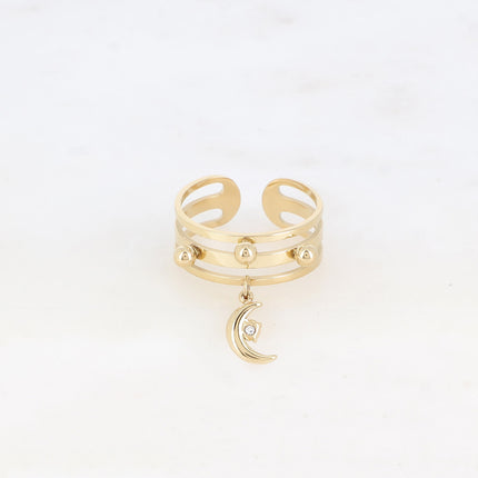 Bague - 3 anneaux avec boules et pampille lune avec cristal