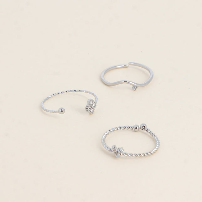Set de 3 bagues - trèfle et cristaux, petit cristal et noeud torsadé