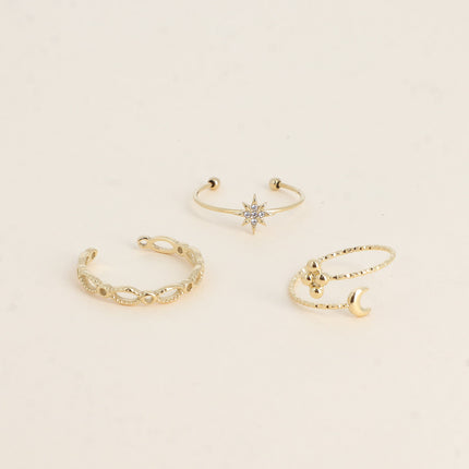 Set de 3 bagues - maille ovale, étoile et cristaux, 3 boules et lune