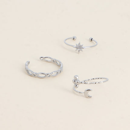 Set de 3 bagues - maille ovale, étoile et cristaux, 3 boules et lune