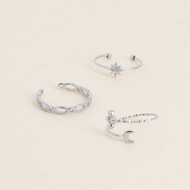 Set de 3 bagues - maille ovale, étoile et cristaux, 3 boules et lune