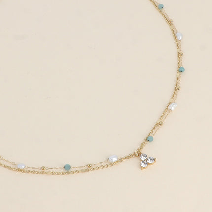 Collier Isabeau - 2 rangs, pierres naturelles, perles d'eau douce et 3 cristaux