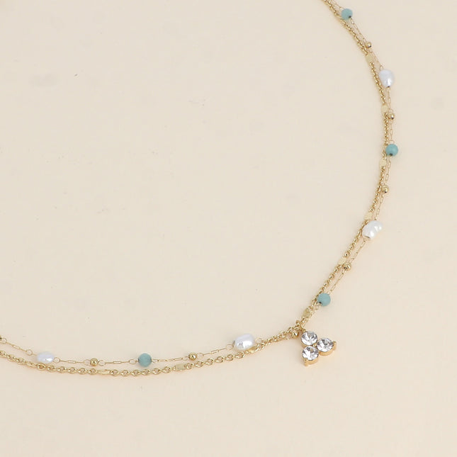 Collier Isabeau - 2 rangs, pierres naturelles, perles d'eau douce et 3 cristaux