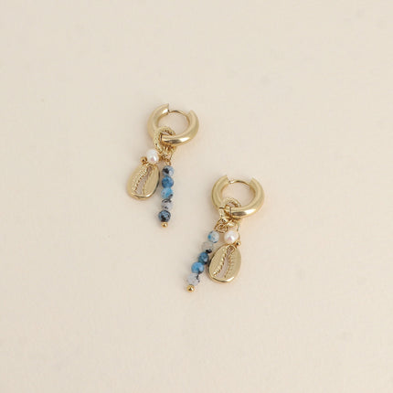 Hoop earrings - cowrie shells, freshwater pearls and natural stone