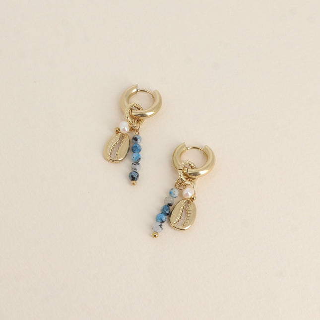 Hoop earrings - cowrie shells, freshwater pearls and natural stone