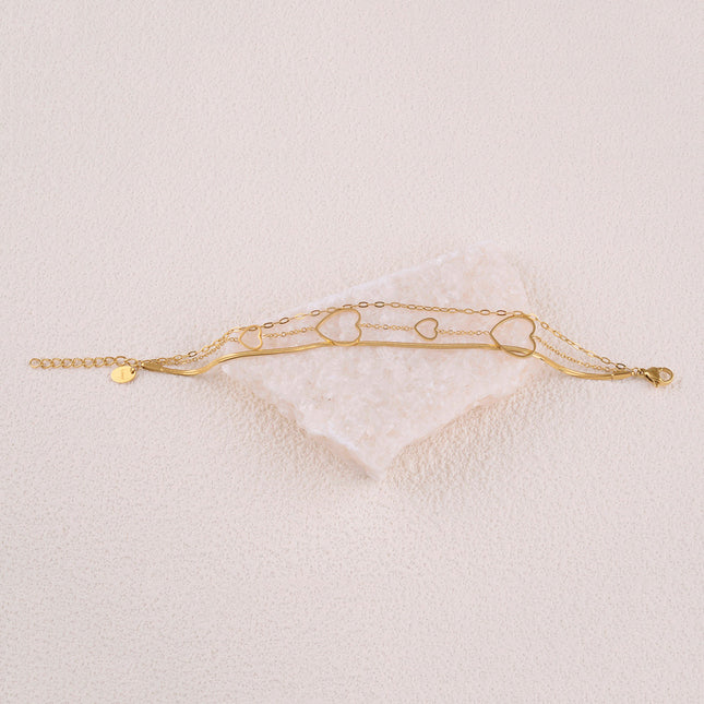 Bracelet 3 rangs - mailles miroir, forçat et coeurs ajourés